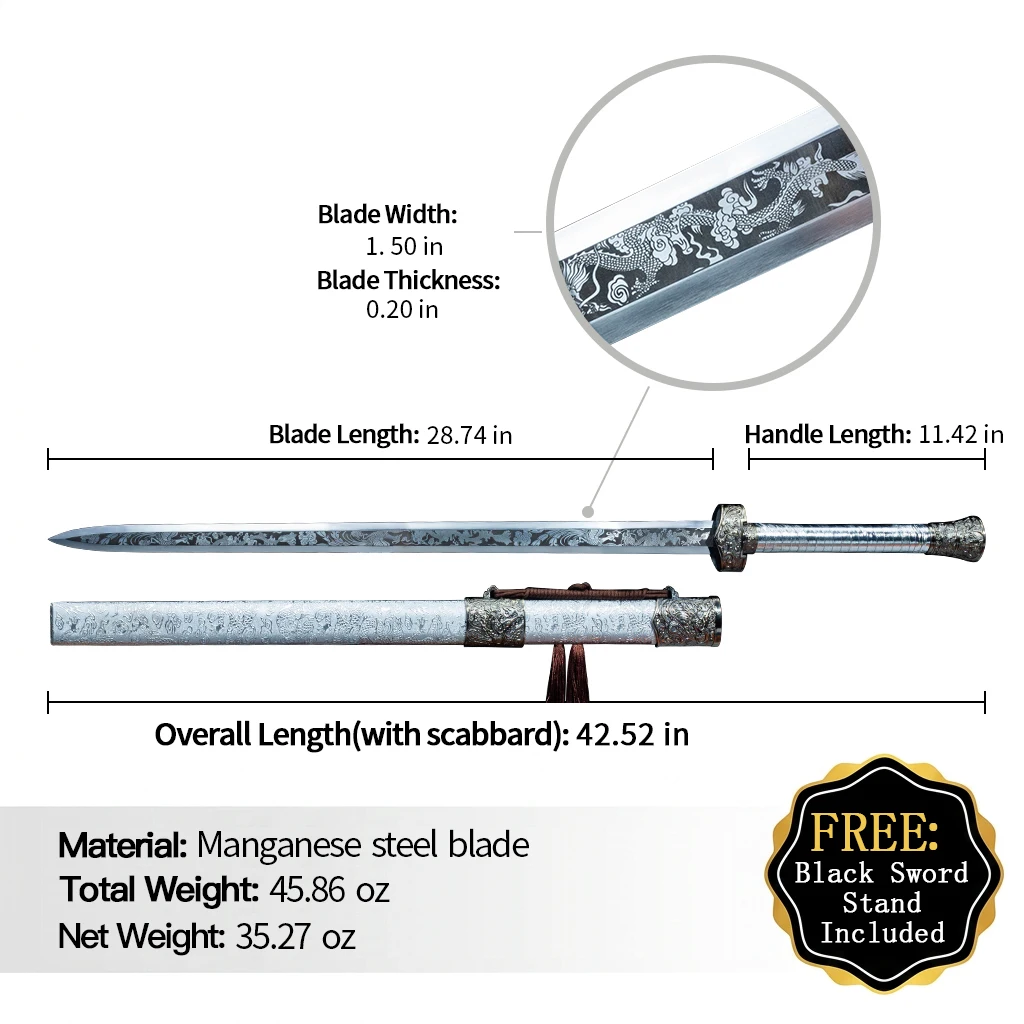 Handmade Silver Tone Chinese Straight Jian Sword Manganese Steel Blade Cloud Dragon Scabbard Traditional Chinese Sword Display