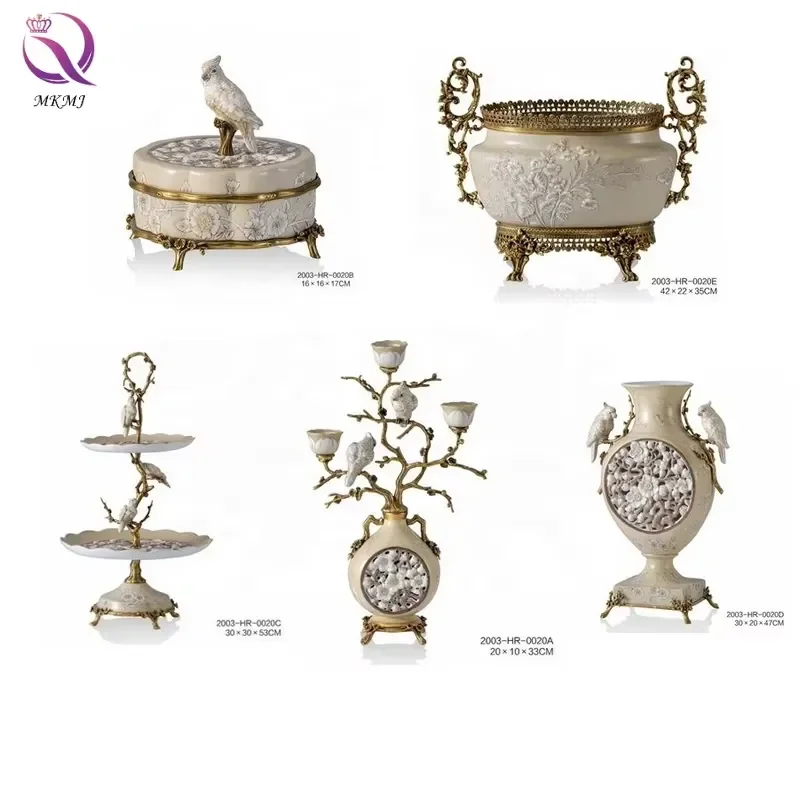 Antique European Brass With Porcelain Bird Candlestick Vase Luxury Double Layer Fruit Dish Home Decoration Decoration Flower