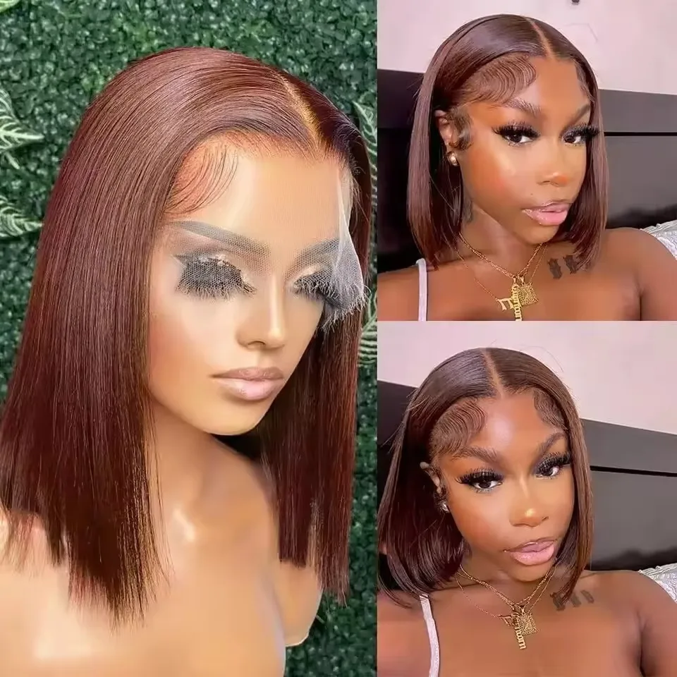 Chocolate Brown Bob Wigs 13x4 Lace Front Wig Bob Human Hair Brown Straight 200% Full Density Transparent Lace Frontal Wigs Bob Hair