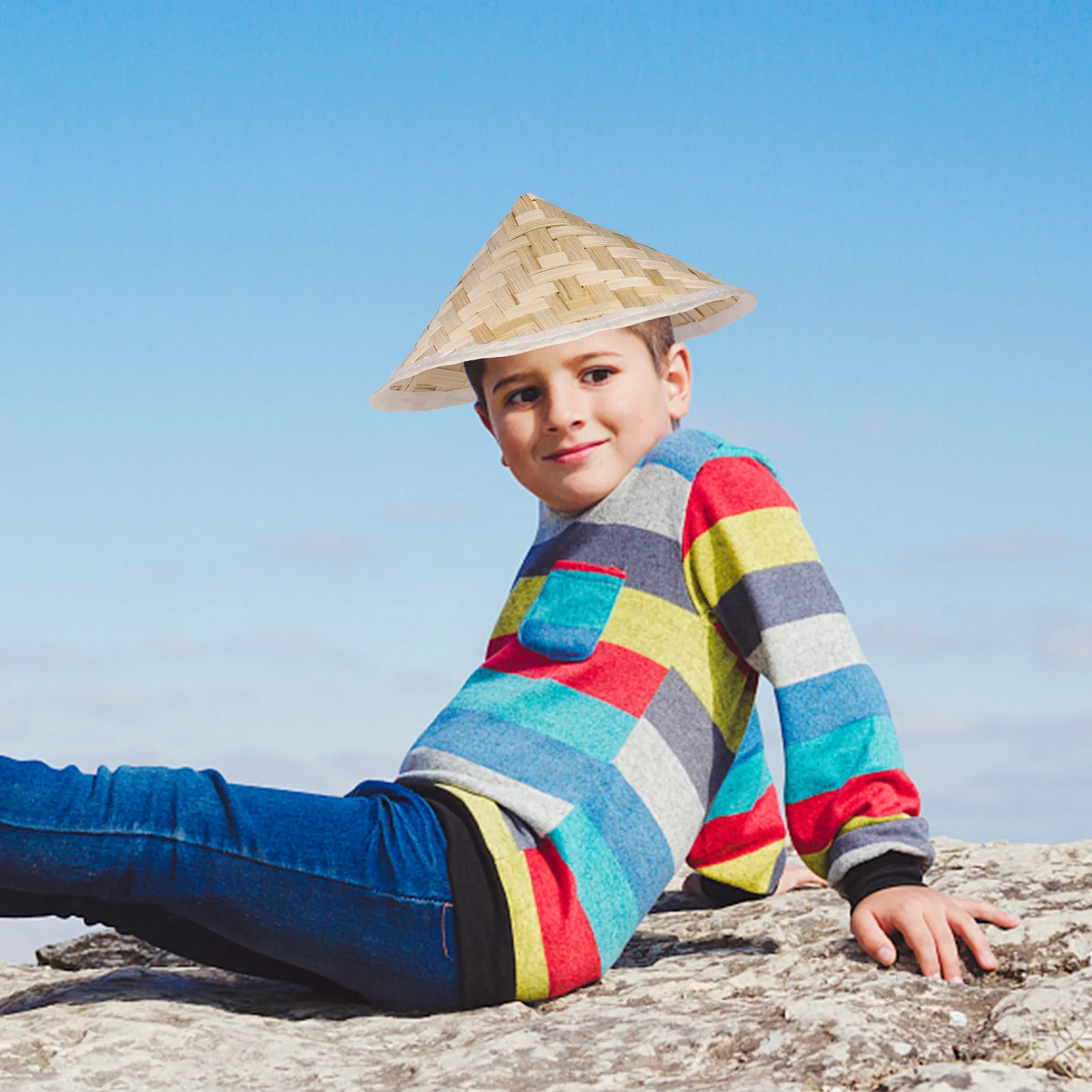 4 pçs chapéu de bambu tecelagem protetor solar cone de palha crianças proteção uv bonés de bambu da criança