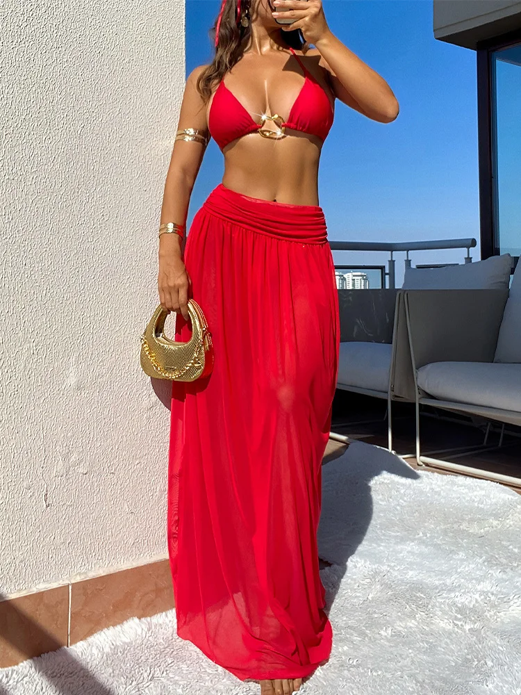 

Модный сексуальный комплект бикини Vzvn с шнуровкой и длинной юбкой, 3 предмета, женский раздельный купальник, пляжный бикини, новинка 2025 года, всесезонный комплект бикини с открытой спиной