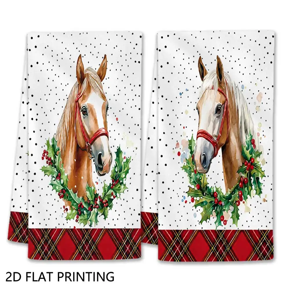 Jit 2pcs Christmas Horse Holly Wreath Pattern Dish Towels For Home Kitchen Holiday Decor