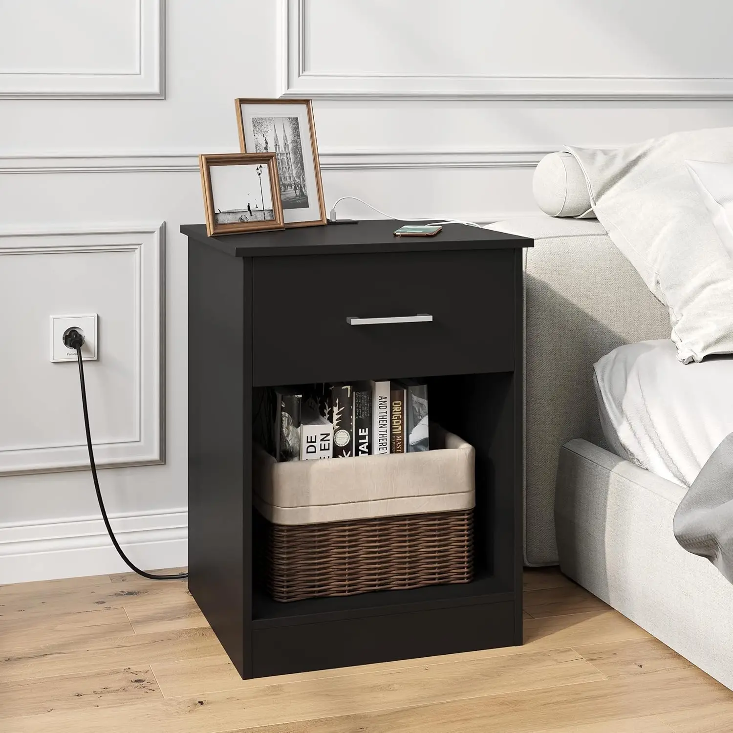 Charging Station and USB Ports & Power Outlets, Wooden End Table with Drawer and Opening Shelf, Side Table for Bedroom, Black RC