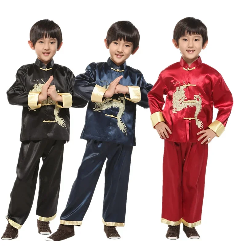 Traje Tang de estilo chino para niños, bordado de dragón, trajes de fiesta de año nuevo para niños, conjunto de ropa Oriental tradicional de KungFu