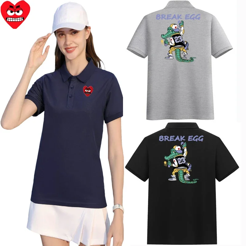 

Break Egg Women Polo Shirt Cotton Cartoon Heart Embroidered Crocodile Printed Short Sleeve Women Summer Polo Shirt