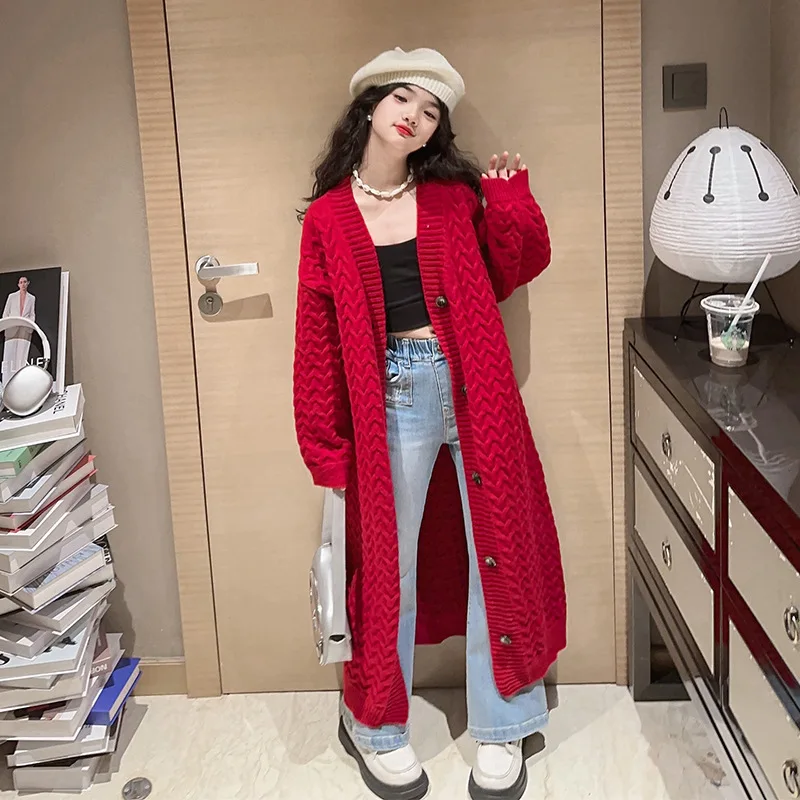 teen Girls long Cardigan Autumn Winter Fashion Mid-length Knitwear Kids Sweater Outerwear 12 13 14 Years Children Casual Coats