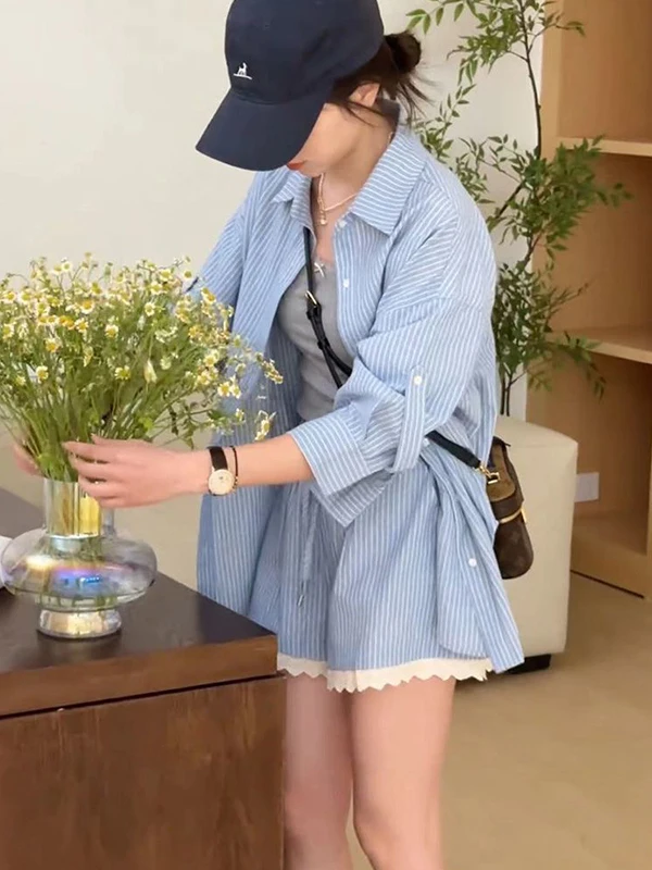 

plus Size 300 Pounds Beautiful Women's Sweet Striped Long Sleeve Shirt Jacket Short Pants Korean Style Two-Piece Set Summer