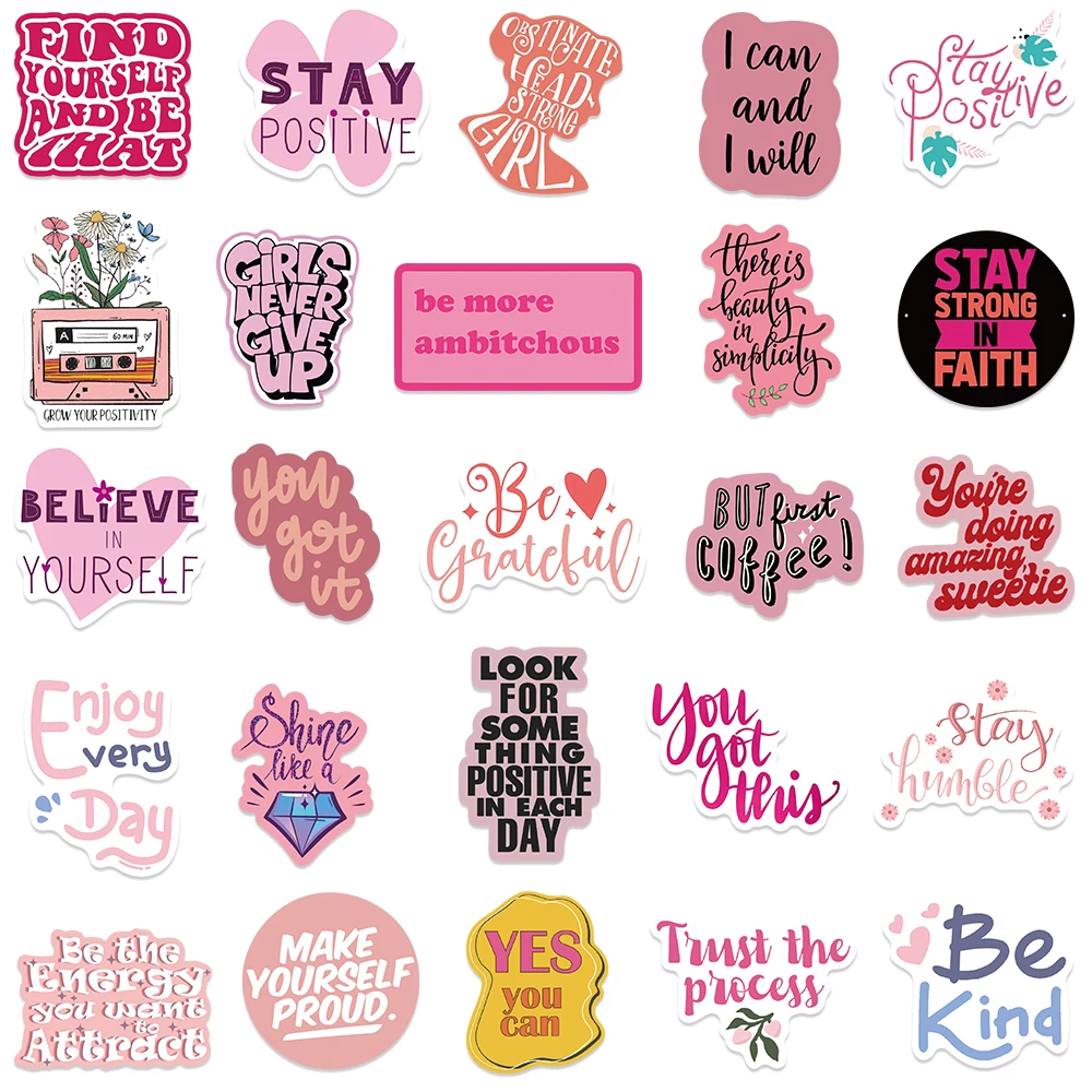 50pcs Pink Inspirational Phrases Stickers Aesthetic Decals Laptop Skateboards Luggage Guitar Notebook Waterproof Vinyl Sticker