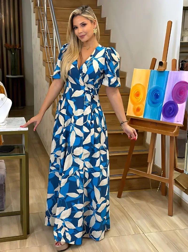 

GUWU Women V Neck Short Sleeve Maxi Long Beach Dress Summer Sexy Printed Casual Night Club Party Street Big Swing Dresses