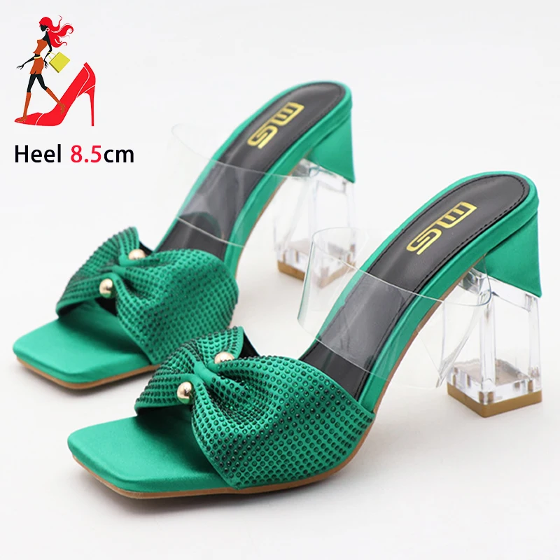 Sexy Peep Toe Summer Slippers For Women Clear High Heels Rhinestone Bowknot Sandals 8.5CM Female Square Toe Green Slip-On Shoes