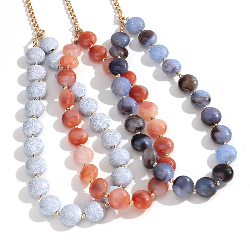 Bohemian Multicolor Cracked Flat Round Beaded Choker for Women Fashion Retro Vacation Resin Necklace Statement Jewelry Gift