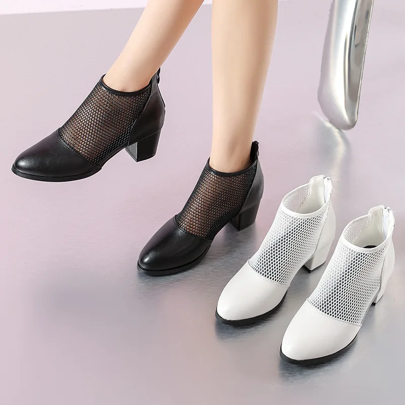 

New Summer Sexy Mesh Ankle Boots 2026 Pointed Toes Low Heels Ladies Short Boots Chunky Heels Spring Back Zipper Shoe dance shoes