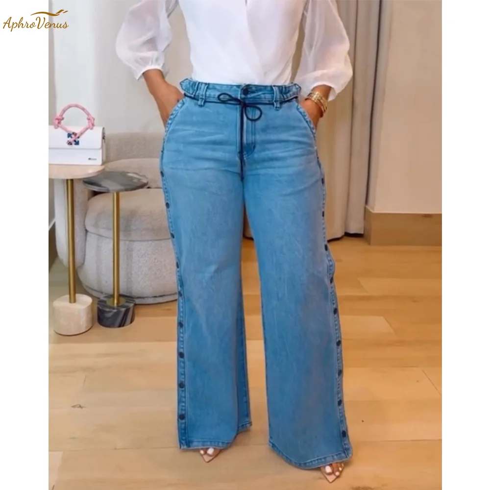 Jean extensible pour femme, jambe droite, jambes larges, taille haute, Baggy, bouton-pression, côté