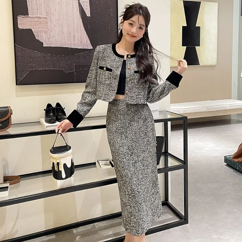 2024 New Women Tweed Cadigan Jacket + Pencil Midi Skirt Long Sleeve Single-breasted Small Fragrance Short Coat Two Piece Set