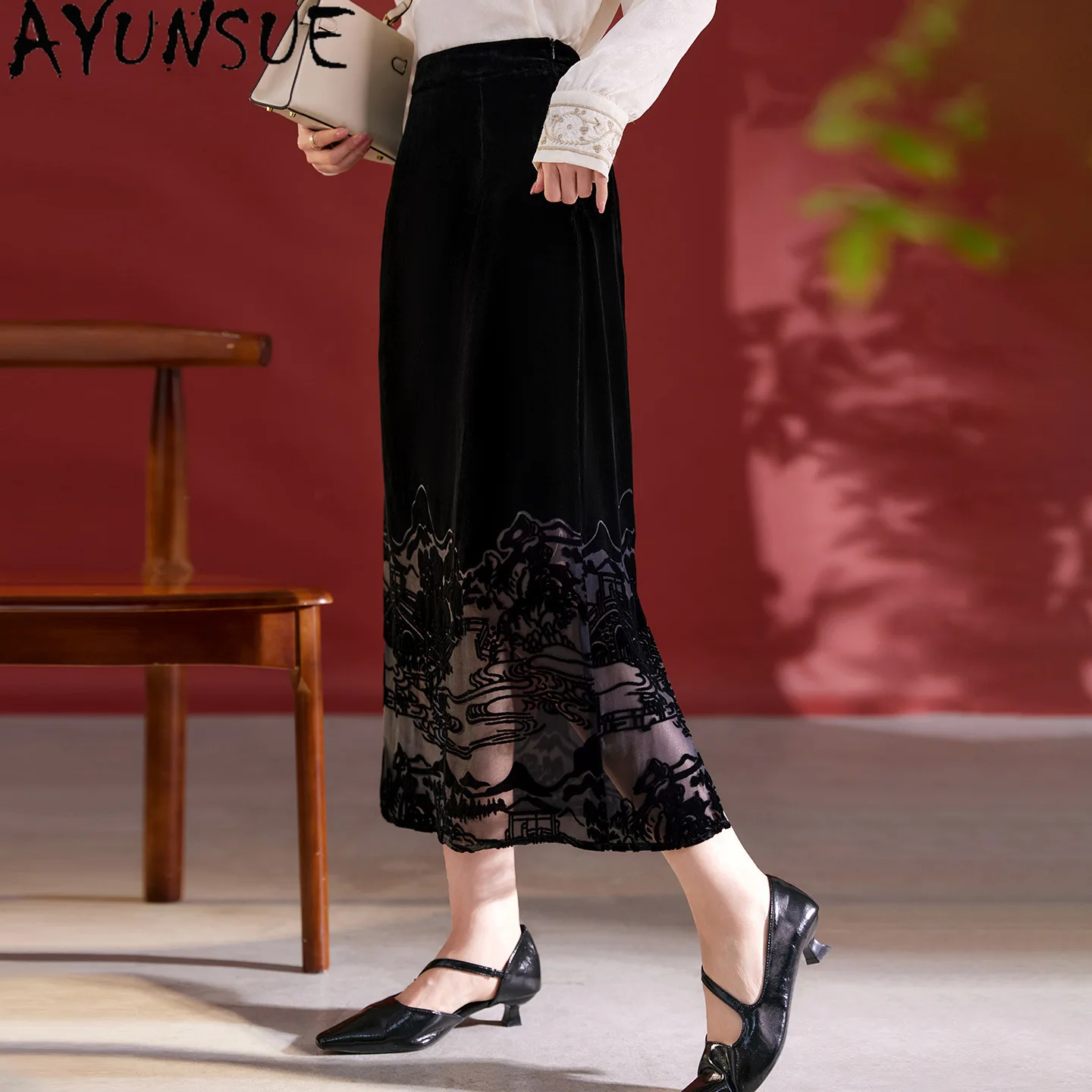 AYUNSUE 100% Mulberry Silk Velvet Skirts for Women French Style Elegant Black Skirt Straight Women Summer Skirts 2026 Ropa Mujer