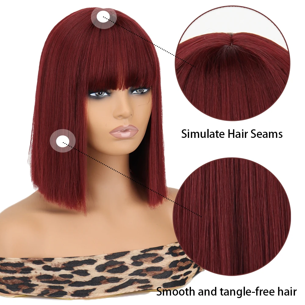 Short Bob Wig With Bangs Synthetic Wigs For Women Red Black Pink Blue Orange Heat Resistant Lolita Cosplay Party Hair