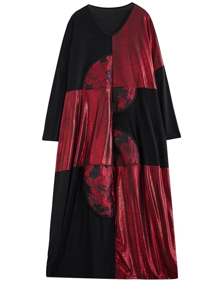 Xitao casual vestido vintage moda assimétrico contraste cor impressão feminina manga longa camiseta vestido 2025 outono novo dmj3102