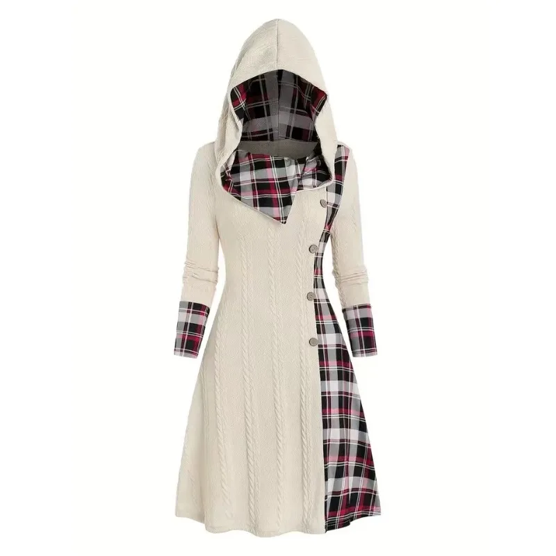 2024 Autumn Winter Chic Plaid Hooded Dress Women Knit Sweater Long Sleeve A Line Style With Trendy Splicing Perfect Casual Wear