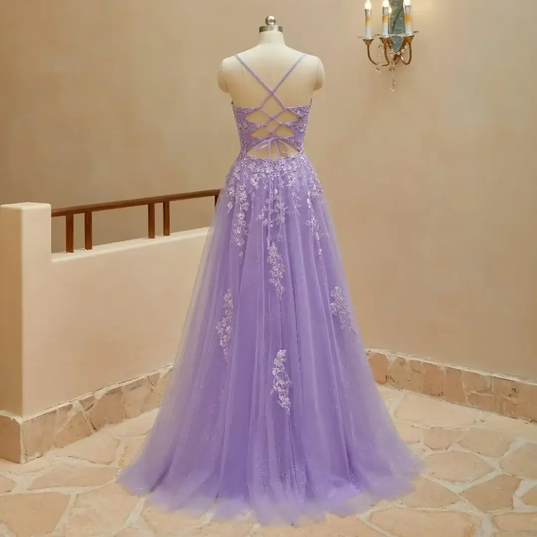 Vestido Formal con Apliques de encaje de tul y tirantes finos, vestido de baile largo para mujer, corsé con tirantes finos, vestido de fiesta de noche sin espalda
