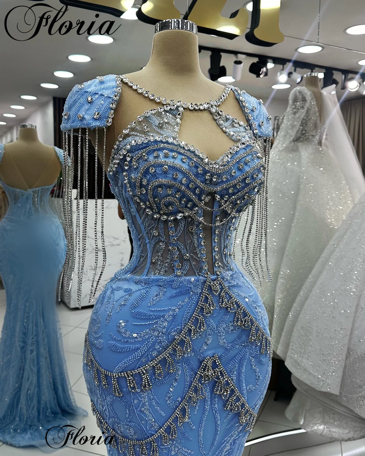 Vestidos de Cóctel de sirena azul cielo con cristales sin mangas, elegantes Vestidos de graduación para mujer, Vestidos femeninos de celebridades