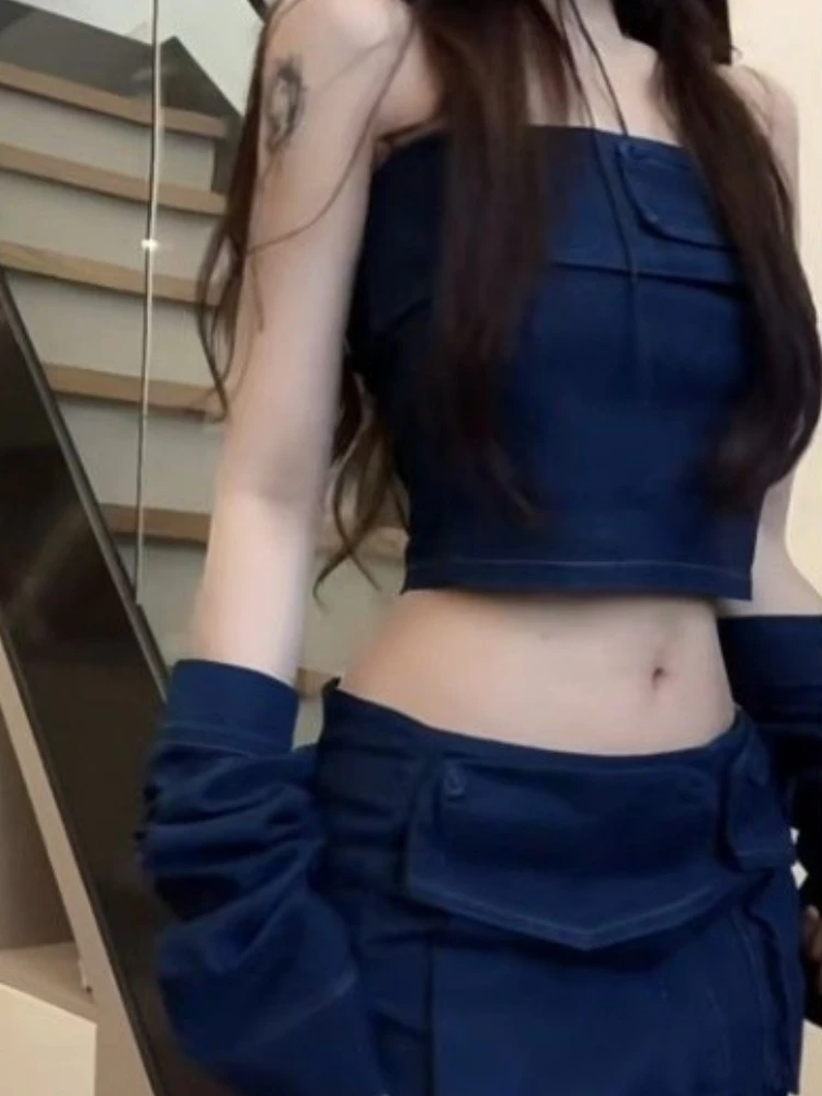 

Subcultural Fashion Sexy Denim Strapless Vest for Women+ Y2k High Waist Bodycon Skirts+ Oversleeve Summer New Three Piece Sets