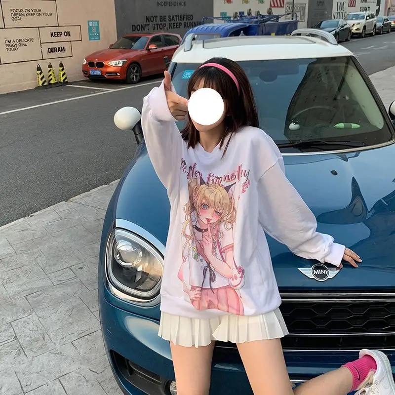 Camisola de Anime branco manga comprida feminina, top kawaii, Harajuku japonês, moda doce, estética, streetwear casual, Y2K Girls, anos 2000