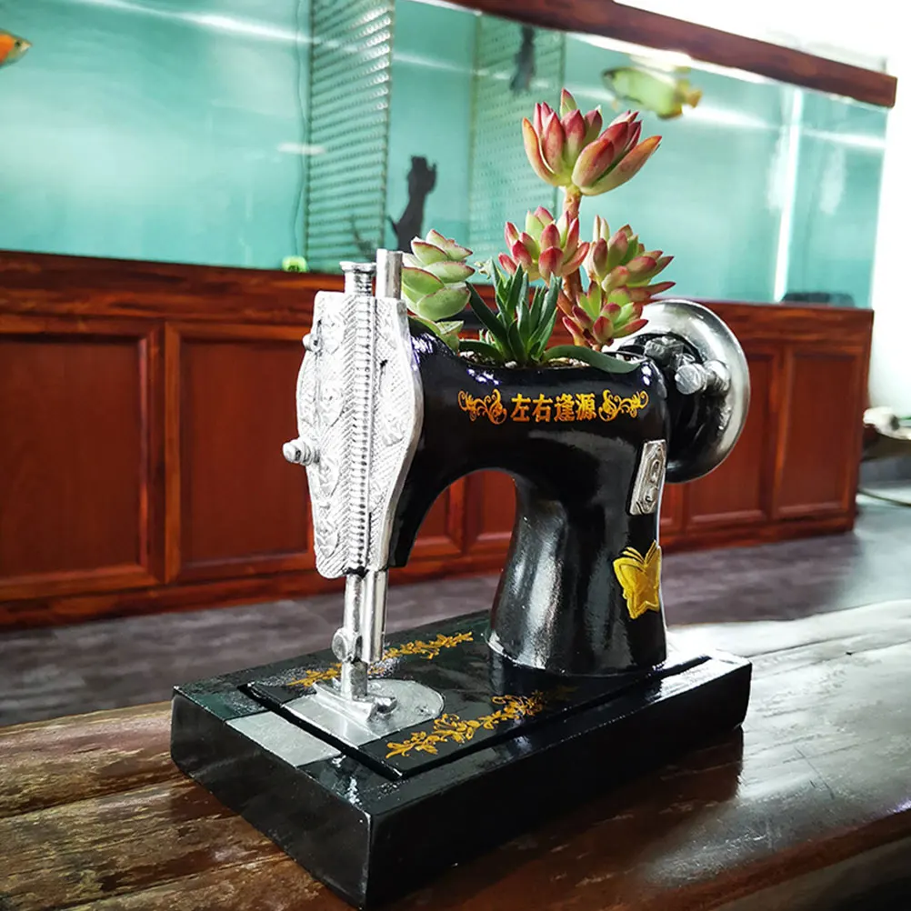 1 قطعة الزهرية الحرفية الراتنج خمر ماكينة خياطة شكل وعاء عصاري لنباتات الصبار ديكور سطح المكتب حديقة الزينة
