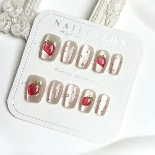 10 Uds. De uñas postizas cuadradas cortas hechas a mano con forma de ojo de gato, uñas postizas de fresa, bonitas, reutilizables, cobertura completa, uñas postizas para niñas