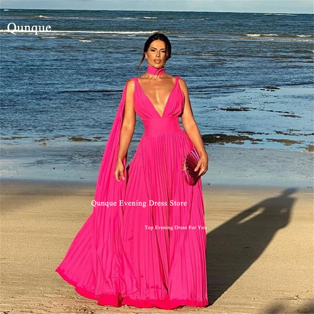 

Qunque V-neck Beach Evening Dresses Pleat Fuchsia Chiffon Prom Dress With Scarf Cape Party Dress Sexy Backless Vestidos De Festa