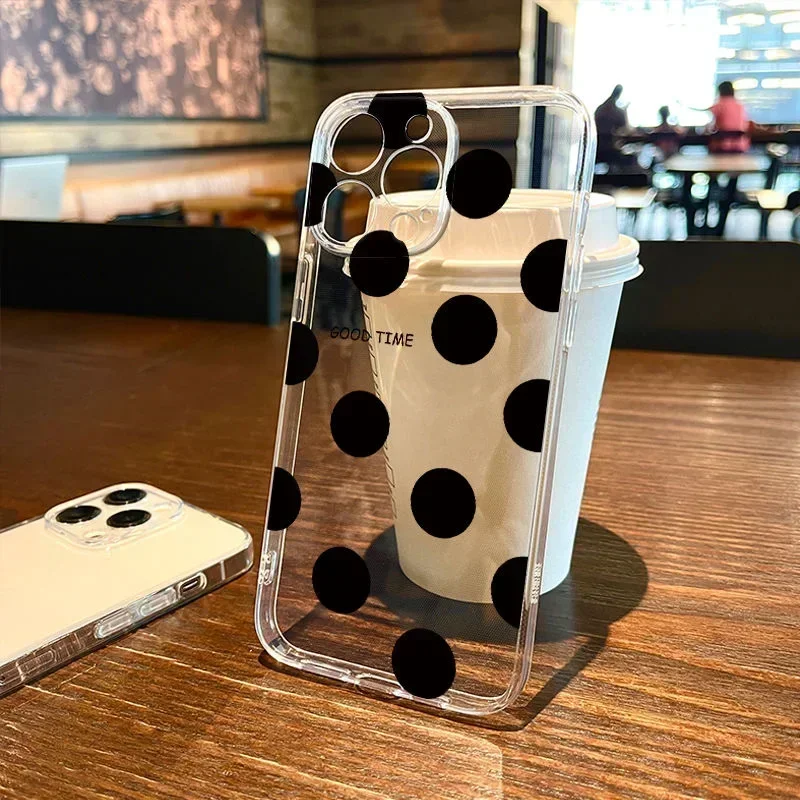 Simple Fashion Polka Dots Transparent Phone Case for iPhone 16 14 15 11 12 13 Pro Max 13Mini 7 8 15 Plus SE Black Clear Covers