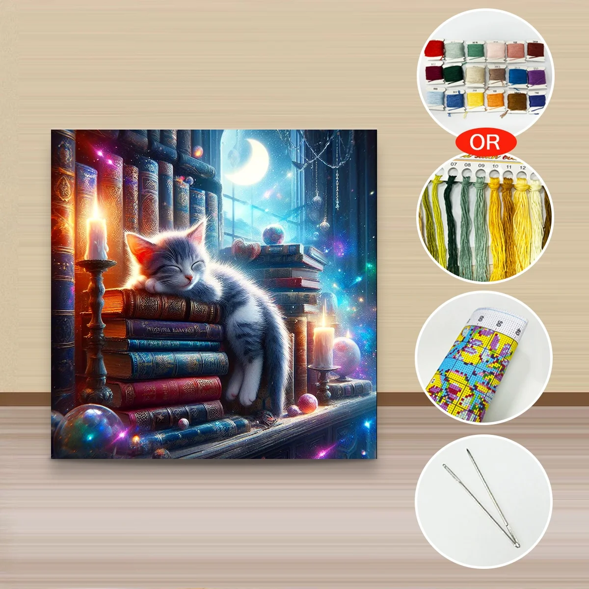 1 Stück 40x40 cm/15,74 Zoll, 11Ct/14Ct Kreuzstich-Set, DIY Valentinstagsgeschenk, Stickerei-Set für Festivals, Magisches Bücherregal mit schlafendem Kater – Detail 3