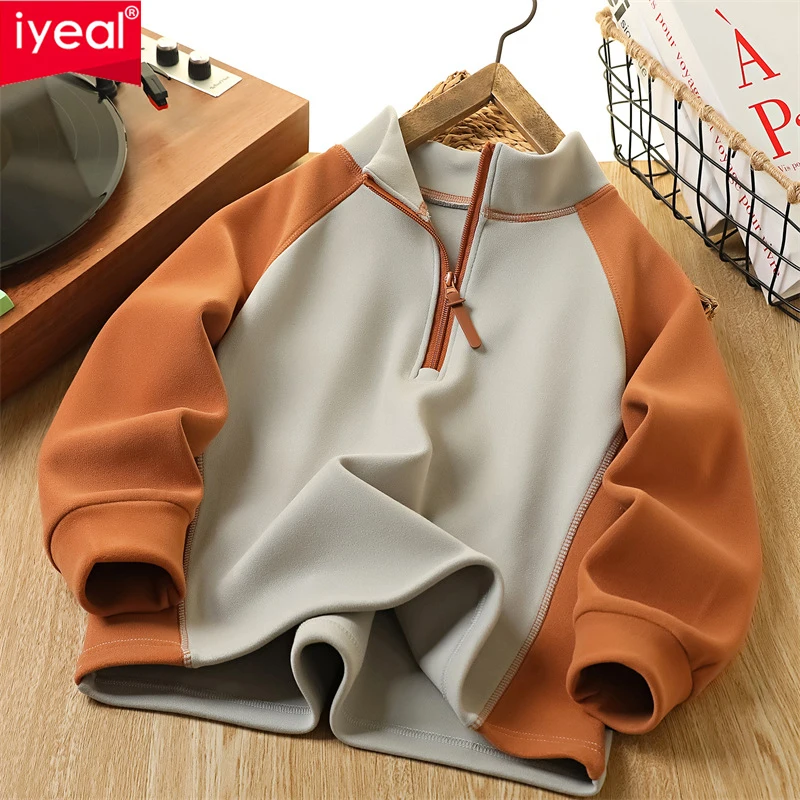 IYEAL Children's Autumn Winter Fleece Windproof Sweatshirt Young Boys' Stand Up Collar Half Zipper Knitted Long Sleeved Pullover