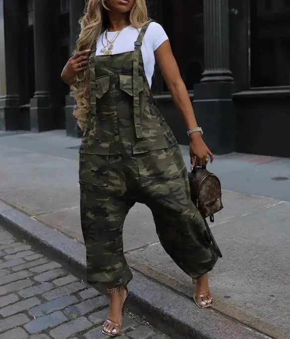 2025 tendencia de verano estampado de camuflaje sin mangas mono con tirantes para mujer Casual suelto de cintura alta mono atado en las piernas