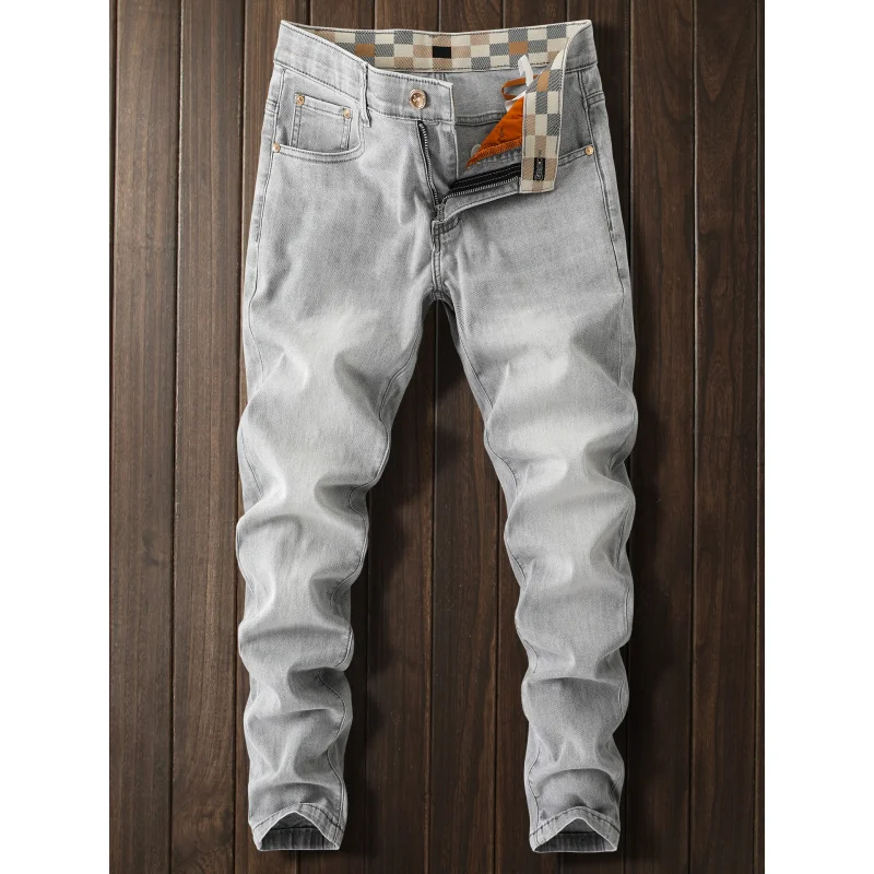 

Simple and versatile light colored jeans men, elastic, high-end small straight leg casual long pants