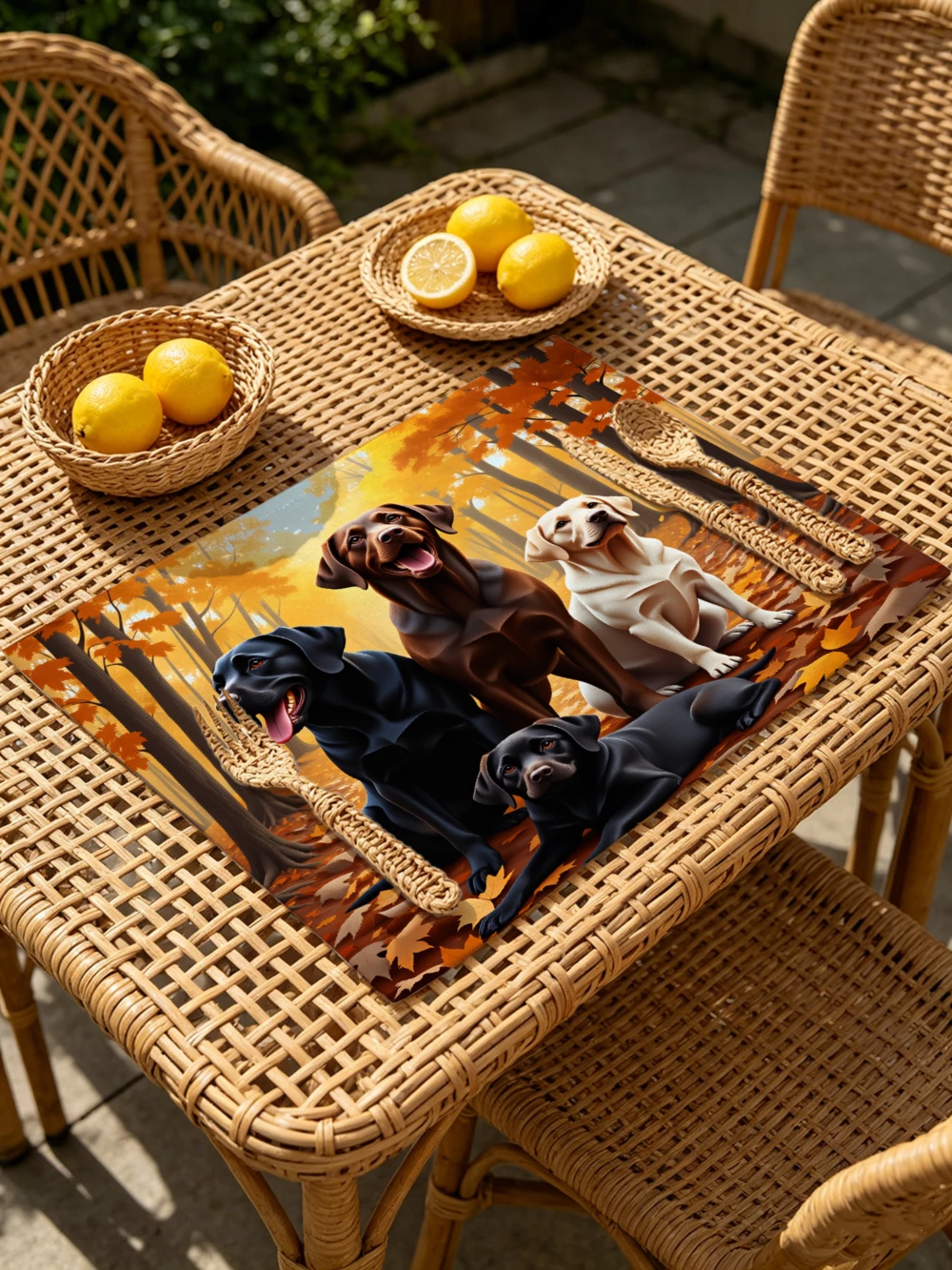 Printed Placemats for Dining Table Kitchen Holiday Parties Four Labradors In Autumn Forest