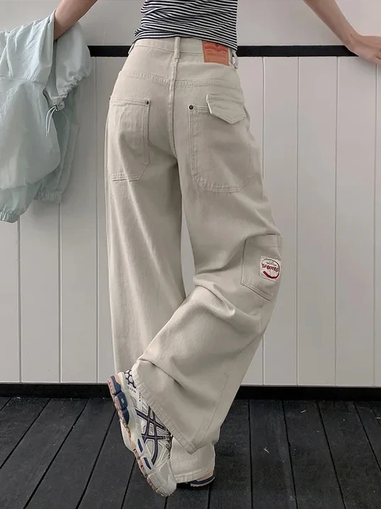 

Women's Vintage Loose Wide Leg Straight Cut Jeans with Big kets Workwear Casual Long Trousers Faionable Denim Pants