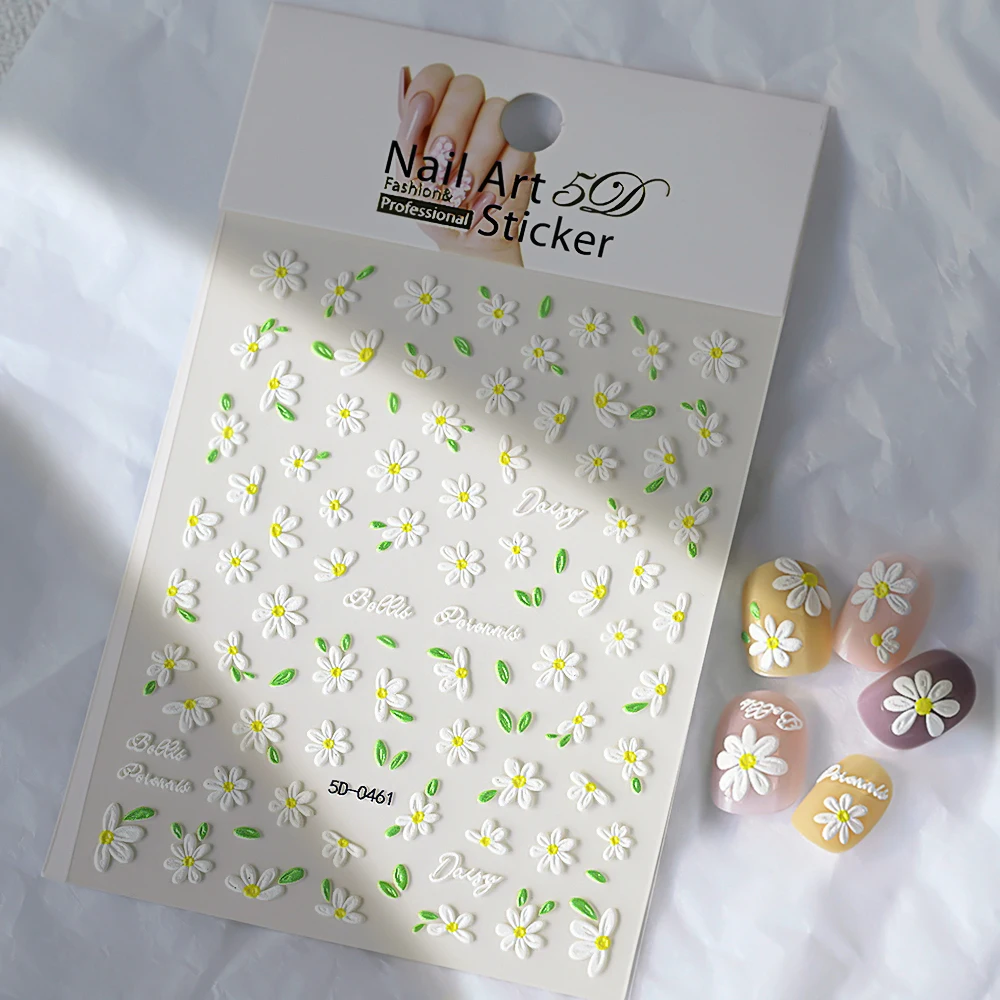 1 stks 5D Reliëf Witte Daisy Nail Art Stickers Bloemblaadjes Bloesem Bloem Zelfklevende Nail Decals Lente Zomer Manicure Decoratie