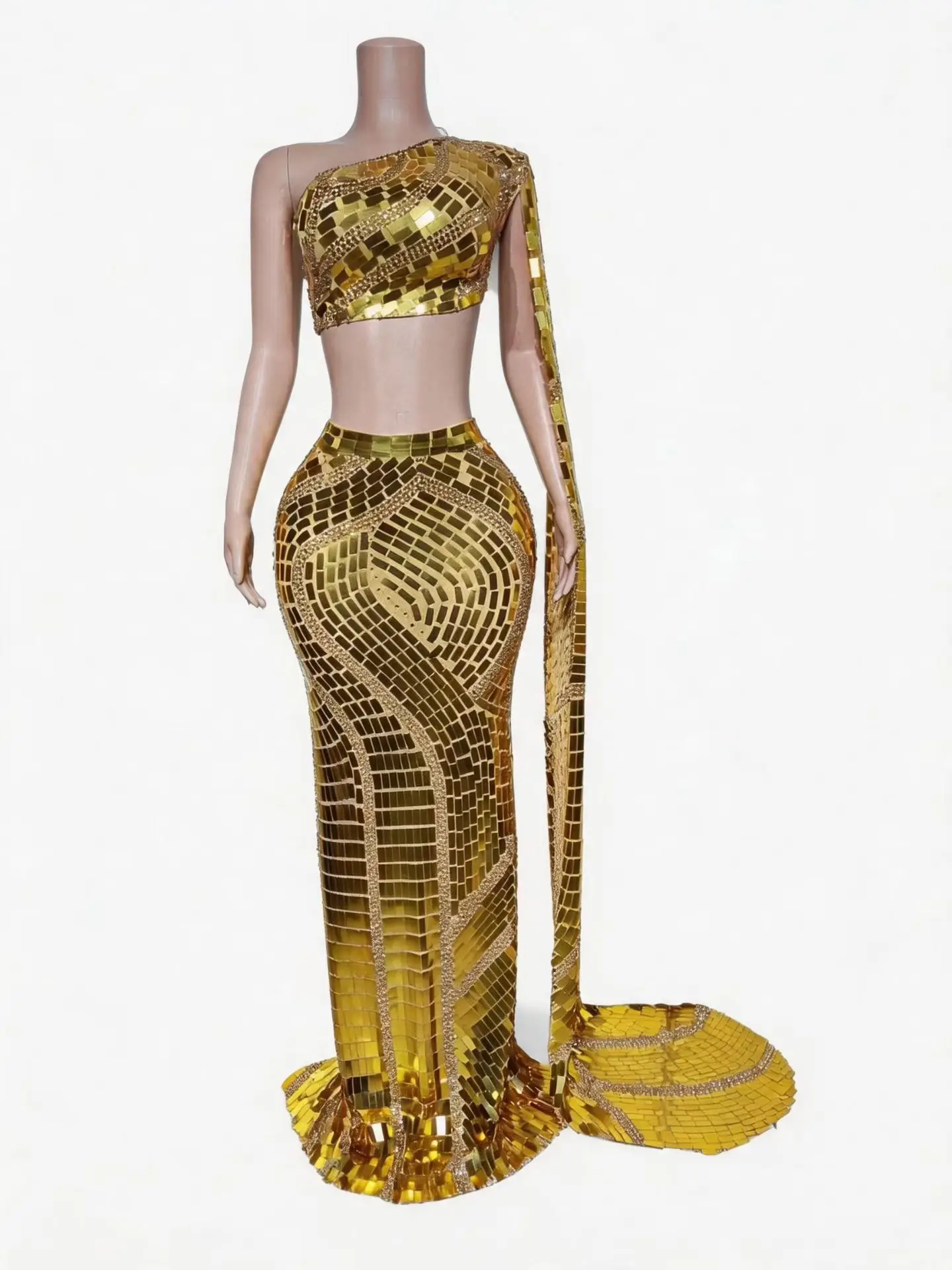 Taiju Womens Separate Gold Rectangular Mirror Patch Two Piece Set One Shoulder Bare Midriff Top Mermaid Long Skirt Costume