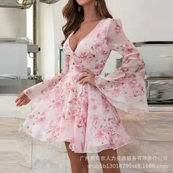 2024 Spring Summer New Women's Clothing Flared Sleeves Deep V-neck Tight Waist Dress-No Positioning Printing Dress