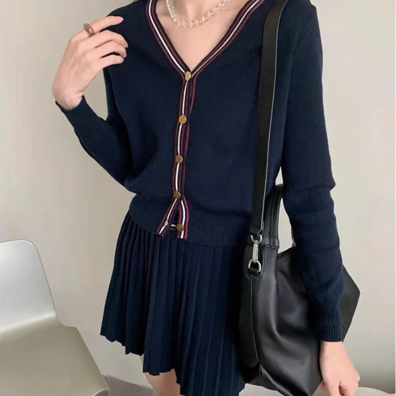 

Two Pieces Women Knitted Dress Set Solid Pleated Sets V Neck Cardigan Sweater Mini Lenth Skirt Loose Casual 2025 Autumn Winter