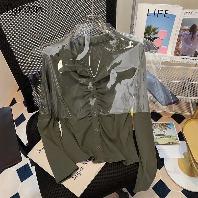 

Shirts Women Minimalist Pure Slim Sexy All-match Casual Retro Basic Folds Korean Style Crop Elegant Fashion Spring Ladies Daily