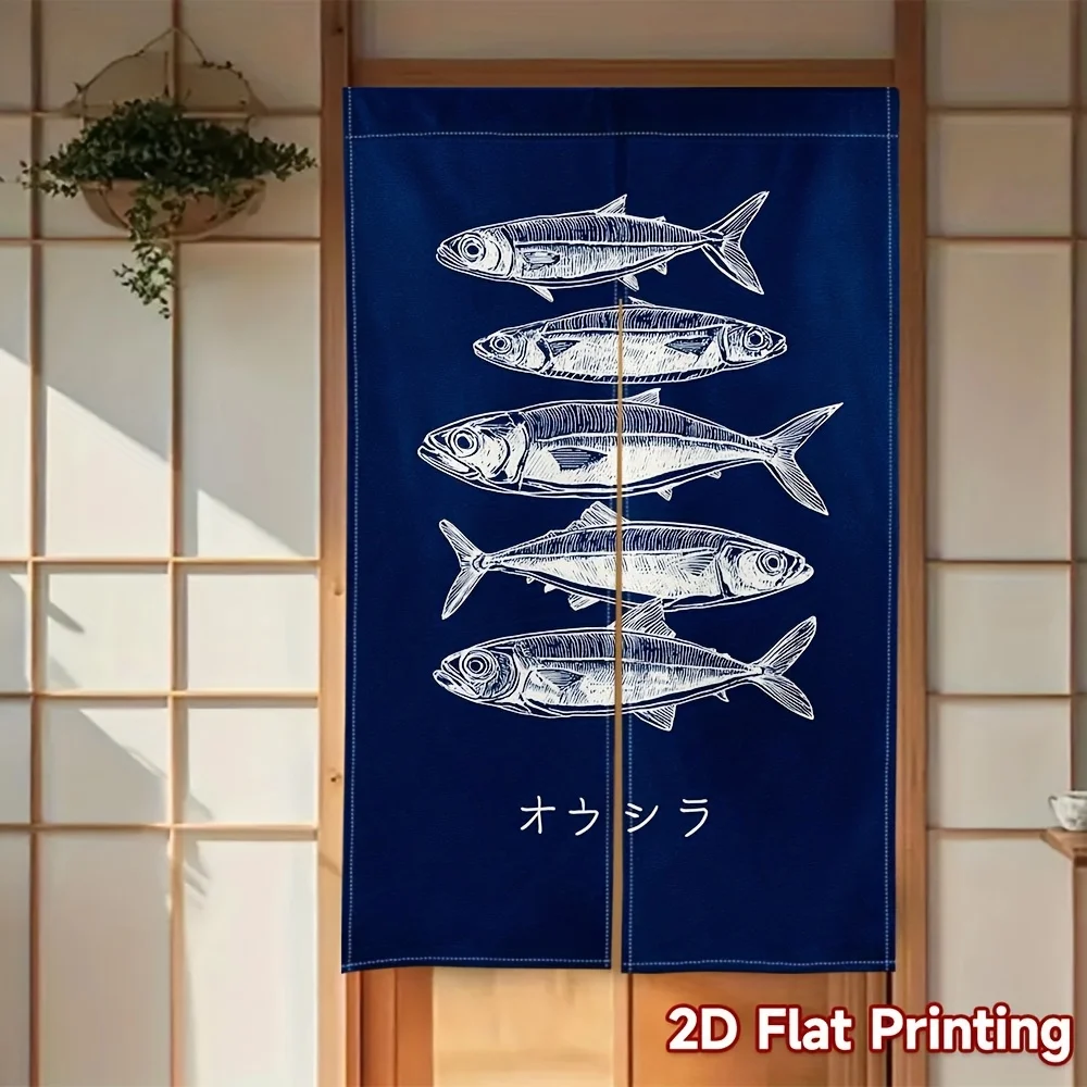 Japanese Mackerel Fish Door Curtain Blue Ocean Art Decor Seafood Theme Partition for Kitchen