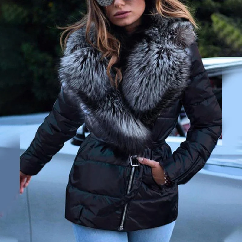 Women Down Jacket Fur Collar Solid Pocket Zipper Ladies Cotton Top Fashion Casual Outerwear Long Sleeve Winter Warm Female Coat