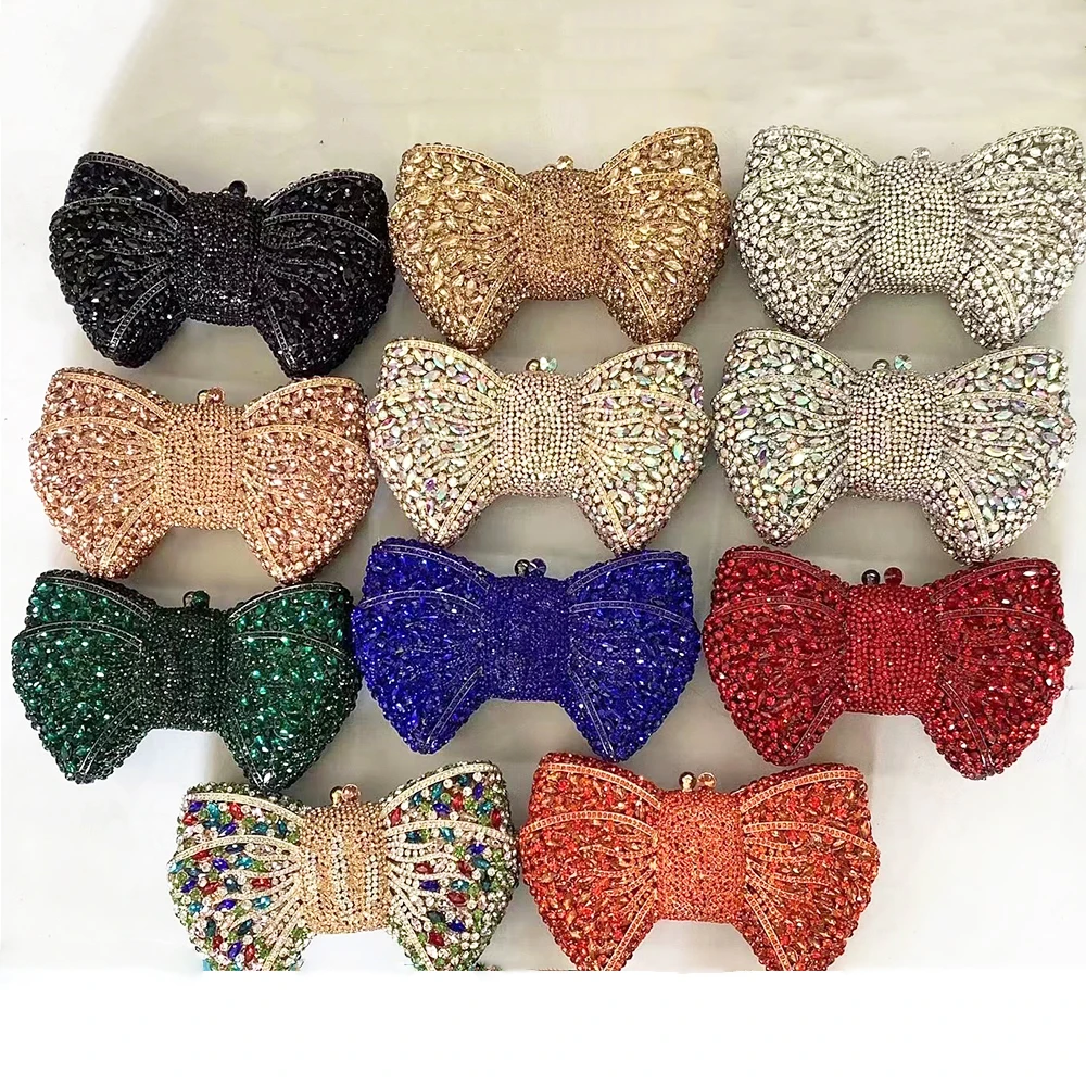 

New Luxury Women Crystal Evening Clutch Blue/Green/Orange Diamond Rhinestone Bow Purses Lady Wedding Bridal Handbags Metal Bags