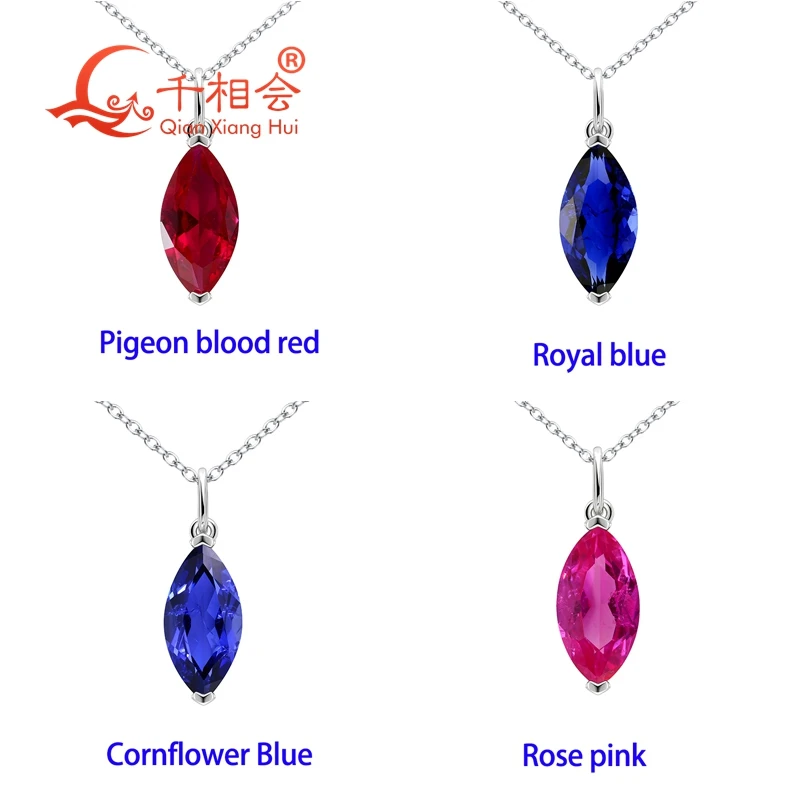 925 Silver 3ct 7*14mm Marquise Pigeon Blood Red/Pink/Color Lab Grown Ruby Sapphire Inclusions Stone Jewelry Pendant Necklace