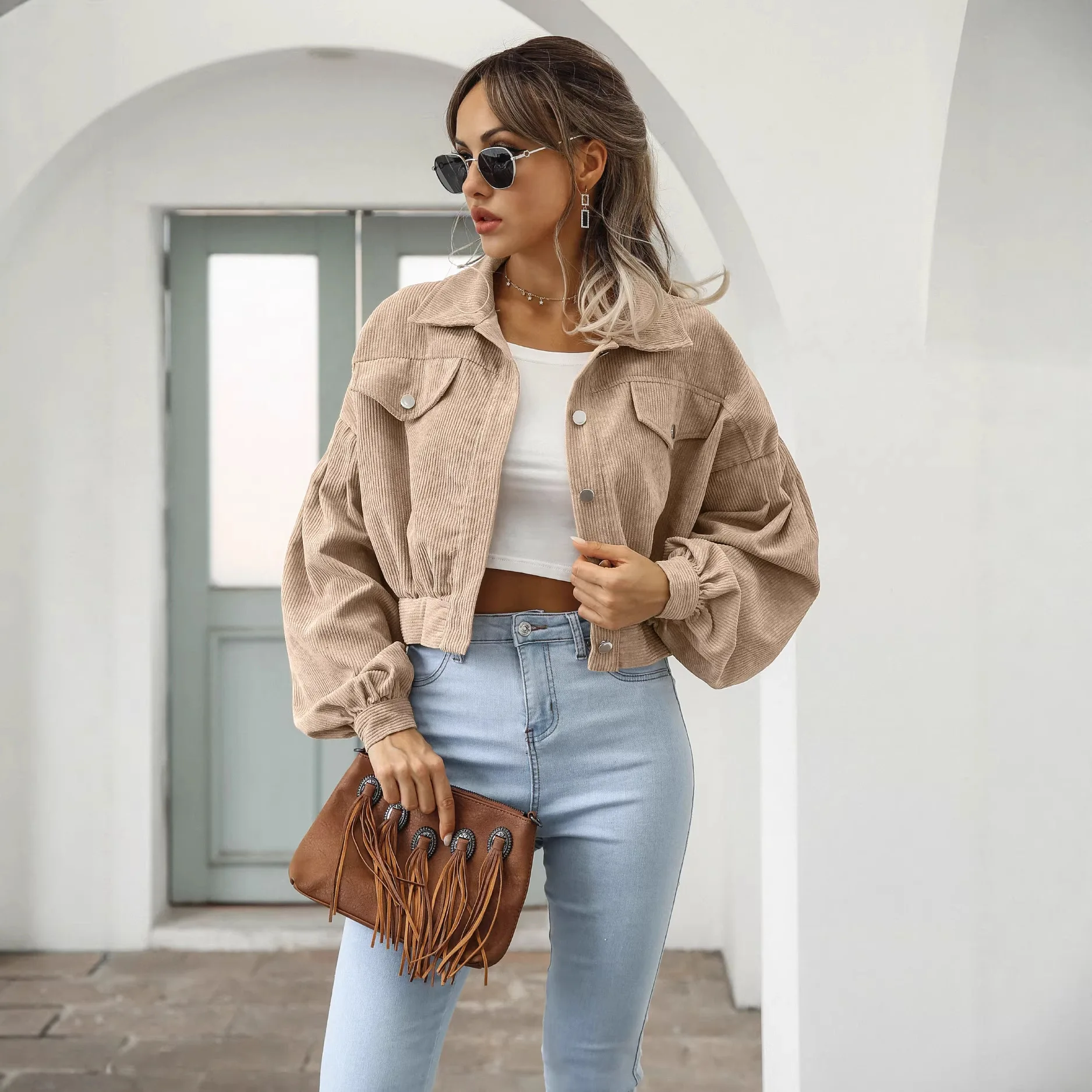 Vintage Corduroy Shacket Lantern Sleeve Button Down Lapel Collar Pockets Loose Fit Casual Streetwear Outerwear Lady Jacket