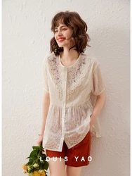 LOUIS YAO Women Shirt Bead Embroidery Mesh Lace Blouses 2024 Summer O Neck Short Sleeve Elegant Loose Long Shirt Top