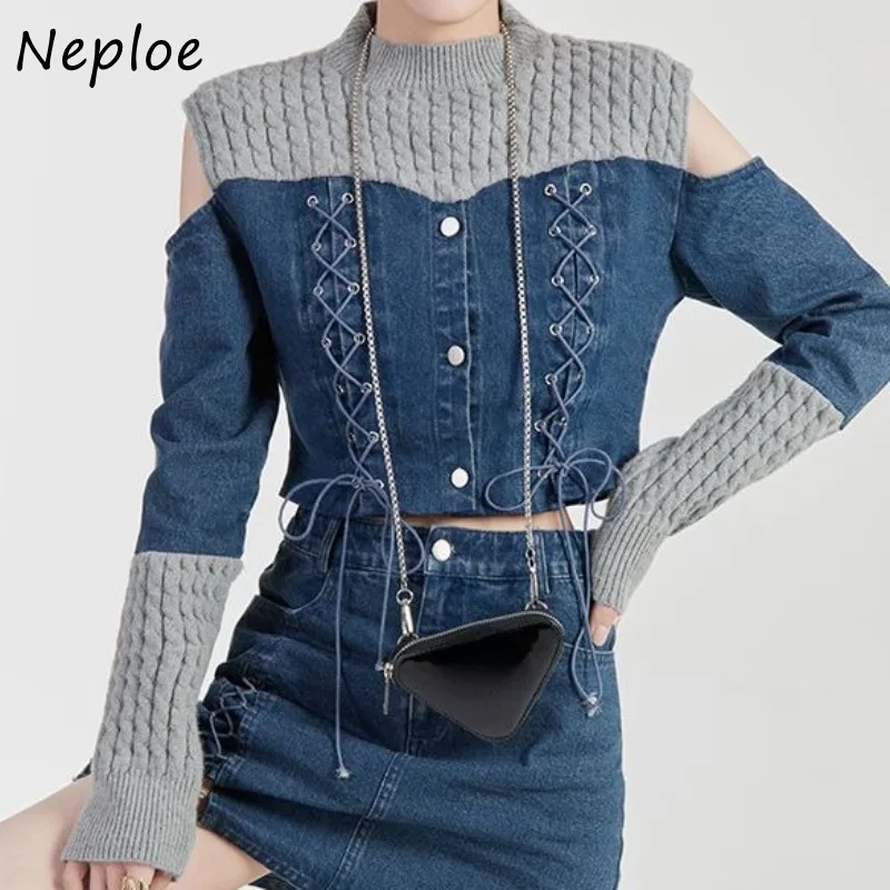 Neploe-女性用ツーピースデニムセット,ニットトップ,ファッショナブルでトレンディなヴィンテージスタイル,裸の肩,ハイウエスト,ボディコン,スプリットスカート