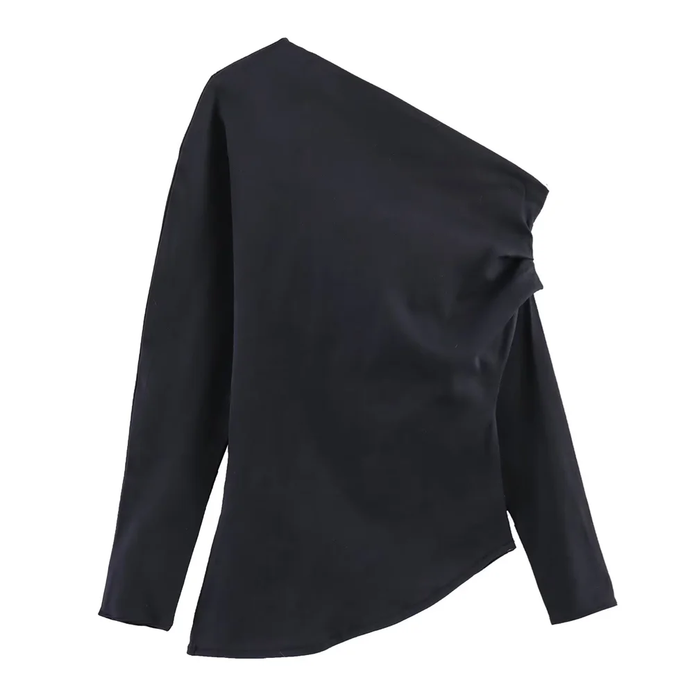 PB&ZA2024 autumn new women\'s clothing fashionable temperament slim fit asymmetrical design pleated elastic top