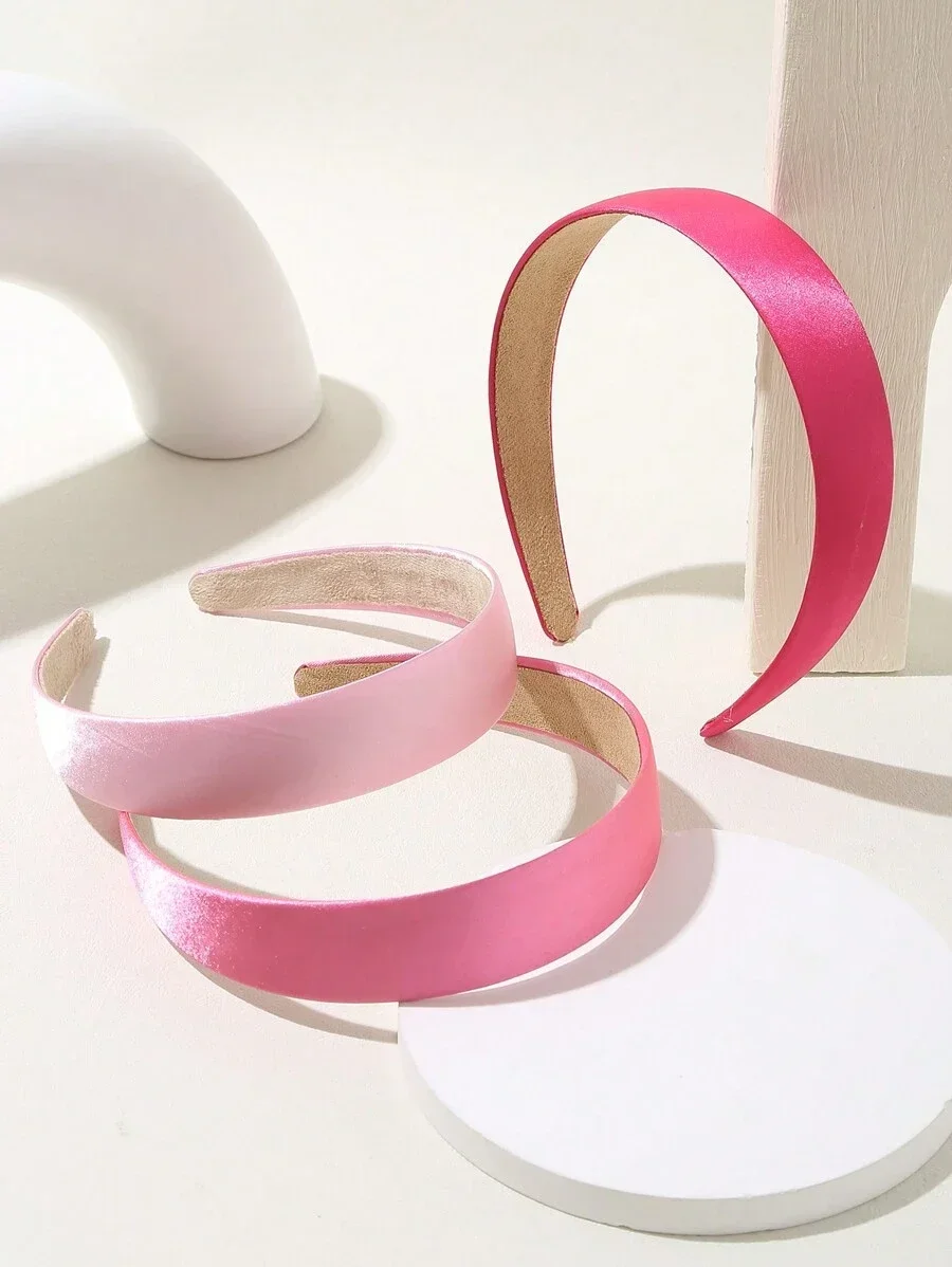 

3pcs Wide Pink Satin Headbands Set For Women Casual Hair Accessories